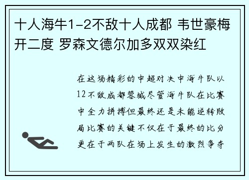 十人海牛1-2不敌十人成都 韦世豪梅开二度 罗森文德尔加多双双染红