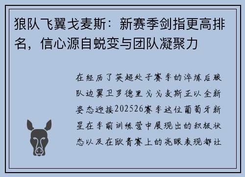 狼队飞翼戈麦斯：新赛季剑指更高排名，信心源自蜕变与团队凝聚力